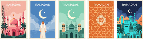 Ramadan Kareem greeting card set with mosque silhouettes, crescent moon stars, arabian man in desert, islamic geometric patterns, middle eastern celebration posters, vectors