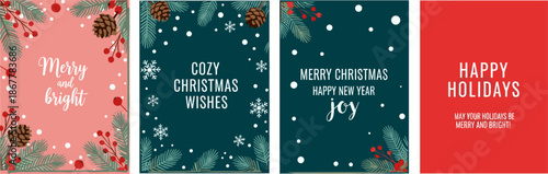 Set of cozy Merry Christmas and Happy New Year greeting cards with pine branches, pinecones, red berries and snowflakes on festive seasonal backgrounds,