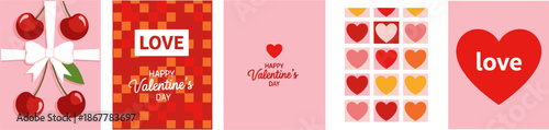 Set of cute Valentine's Day greeting cards with red cherries, hearts, and love typography, minimalist pink holiday banners for romantic seasonal marketing promotions,
