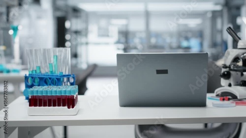 Modern laboratory equipped with high tech microscopes, chemical solutions and laptop. Advanced biotechnology facility featuring equipment used for precise genetic research tasks