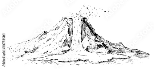 Active volcano eruption with flowing lava and smoke sketch
