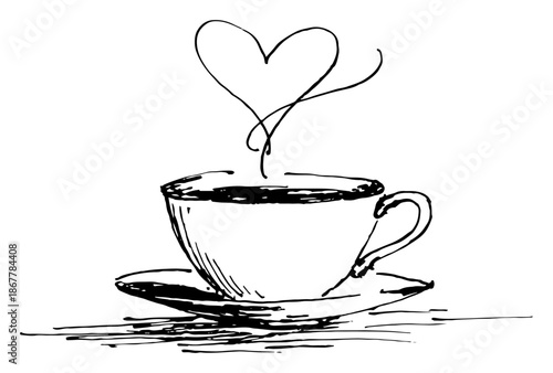 Artistic black ink sketch of a coffee cup with steam shaped like a heart