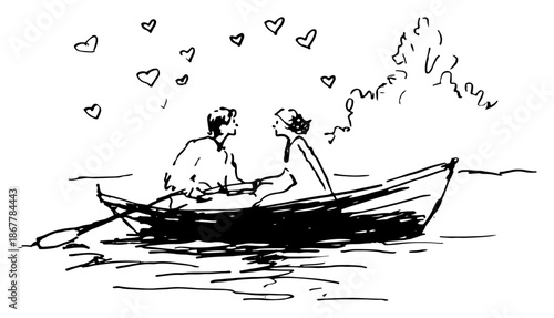 Romantic sketch of a couple floating in a boat surrounded by hearts