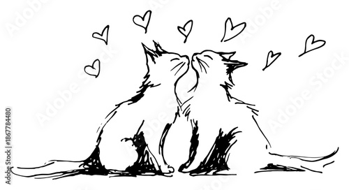 Black and white sketch of two cats kissing with floating hearts
