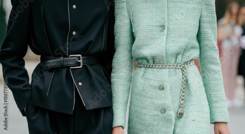 Women in tailored jackets with chain belts walking side by side on street