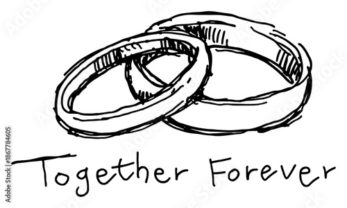Two interlocking wedding rings sketch with together forever handwritten text