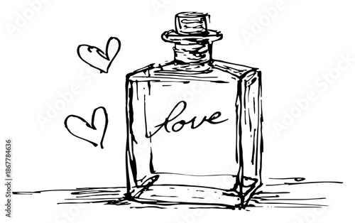 ink sketch of a perfume bottle with love text and hearts