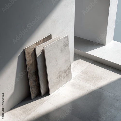 Tiles leaning against wall, light streaming in through window