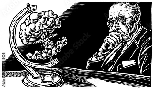 Εκτύπωση καμβά older politician looking at an atomic explosion in a globe stand