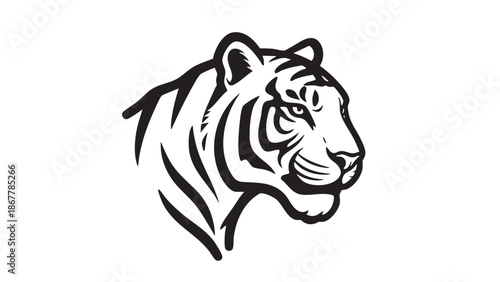 Black and white illustration of a tiger's head profile on a white background