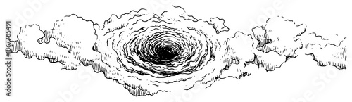 Hand drawn sketch of a swirling vortex hole in a cloudy sky