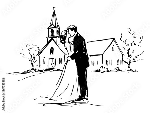 Romantic sketch illustration of a bride and groom kissing in front of a church