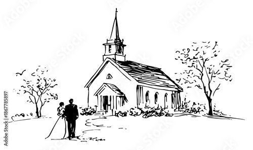 Rural landscape sketch with small church and wedding couple