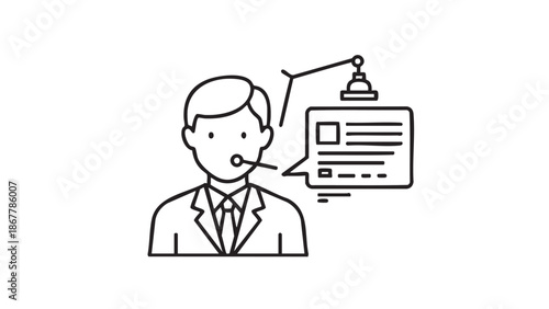 A professional man dictating a document into a speech bubble with a lamp above it