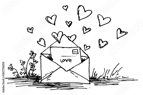 Sketch illustration of an open envelope with flying hearts and a love letter