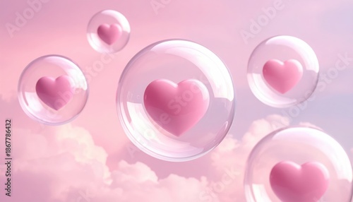 Floating Hearts in Bubbles: Pink hearts encased in transparent bubbles drift gently against a soft, pastel sky, symbolizing dreams, affection, and serenity.