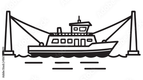 A ferry navigates through a suspension bridge in calm waters, viewed from the side.