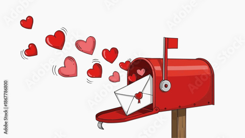 Red mailbox receiving love letters and hearts