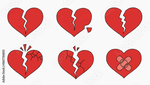 Set of six red broken and bandaged heart icons