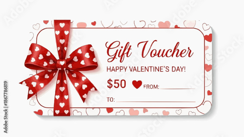 Valentines day gift voucher with red bow and hearts design