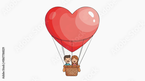 Couple in hot air balloon shaped like a red heart for valentines day