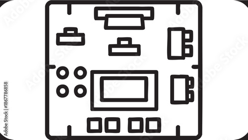 A simple line illustration of a control panel with various buttons and dials
