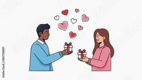 Couple exchanging gifts with hearts floating above them