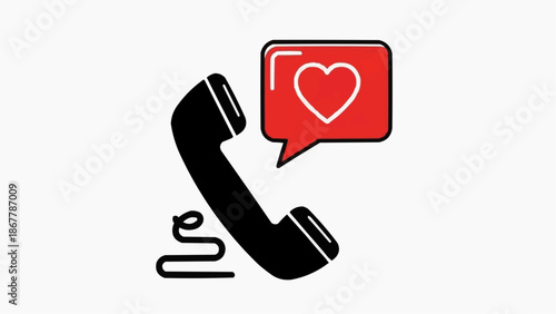 Black telephone handset with red speech bubble containing a white heart icon