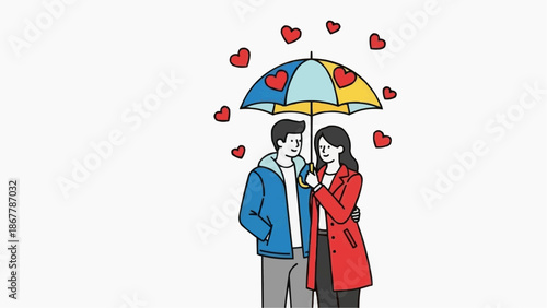 Couple standing under umbrella surrounded by floating red hearts illustration