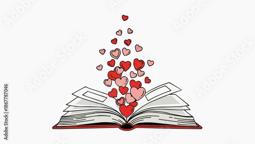 Open book with red and pink hearts floating out illustration