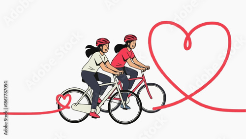 Two women riding bicycles together with a large heart line drawing