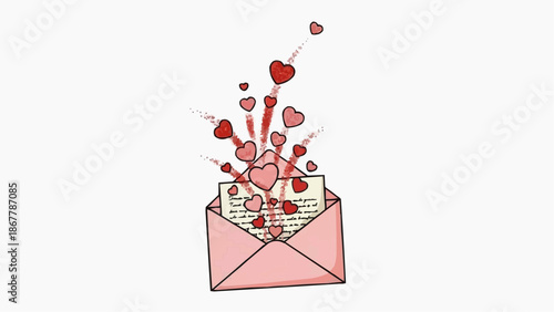 Hand drawn illustration of a pink envelope with a love letter and hearts flying out