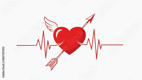 Red heart with wings pierced by cupids arrow over ekg line