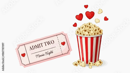 Movie night ticket and popcorn with hearts for romantic cinema experience