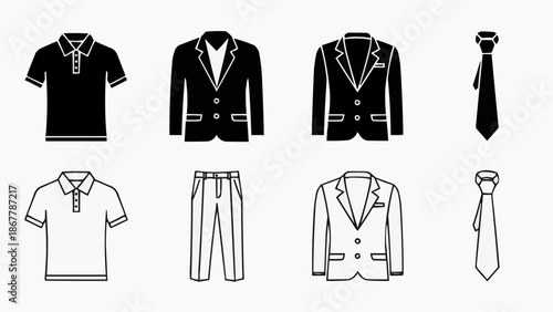 Set of mens clothing icons polo shirts, jackets, trousers, and ties