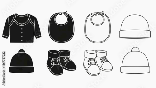 Set of baby clothes and accessories icons cardigan, bibs, hats, and boots
