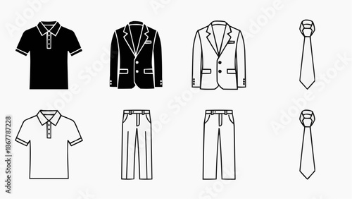Set of mens clothing icons polo shirts, blazers, trousers, and ties