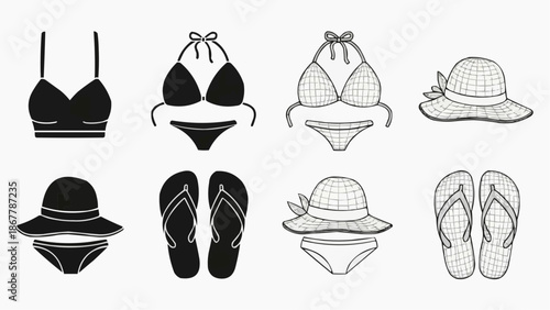 Set of summer beach swimwear and accessories icons bikinis, hats, and flipflops