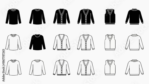 Set of cardigans, sweaters, and vests icons in black, white, and outline styles