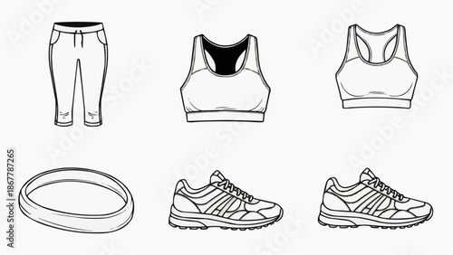 Set of hand drawn fitness and sportswear items capris, sports bras, shoes, and headband