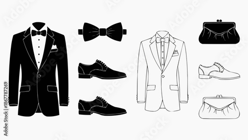 Black and white tuxedo and formal wear icons for men and women