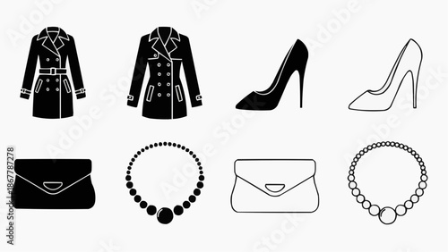 Set of fashion icons trench coats, high heels, clutches, and necklaces