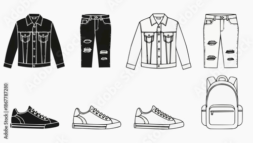 Set of mens casual denim clothing and accessories line art icons