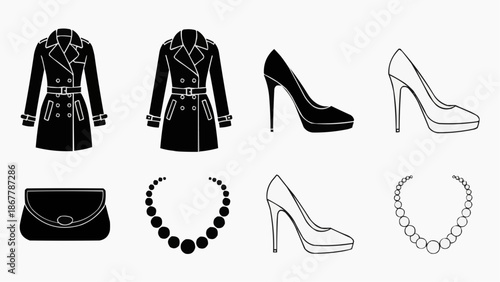 Set of womens fashion accessories icons trench coats, high heels, clutch bag, and necklace