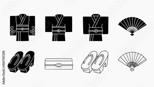 Japanese traditional clothing and accessories icons set kimono, obi, geta, and sensu fan