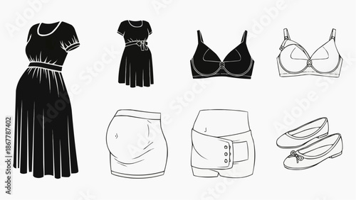 Collection of maternity clothing and accessories line art icons in black and white