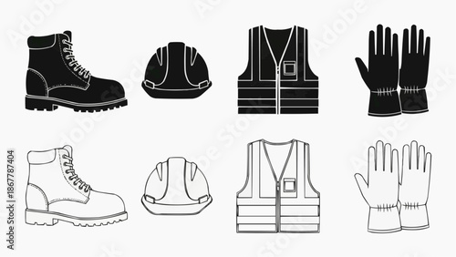 Set of construction and safety equipment icons boots, hard hat, vest, and gloves