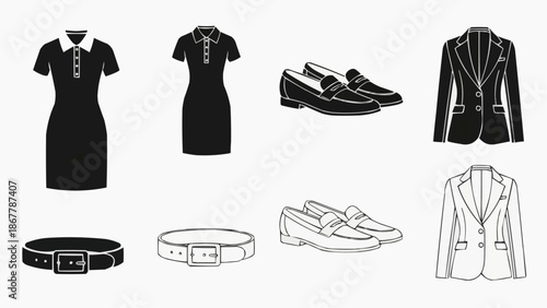 Collection of business attire icons dresses, blazers, loafers, and belts