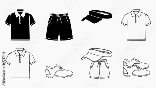 Golf apparel and accessories outline icons set shirts shorts visor shoes