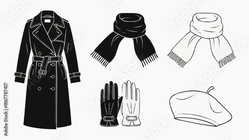 Collection of classic black and white fashion accessories trench coat, scarves, gloves, and beret